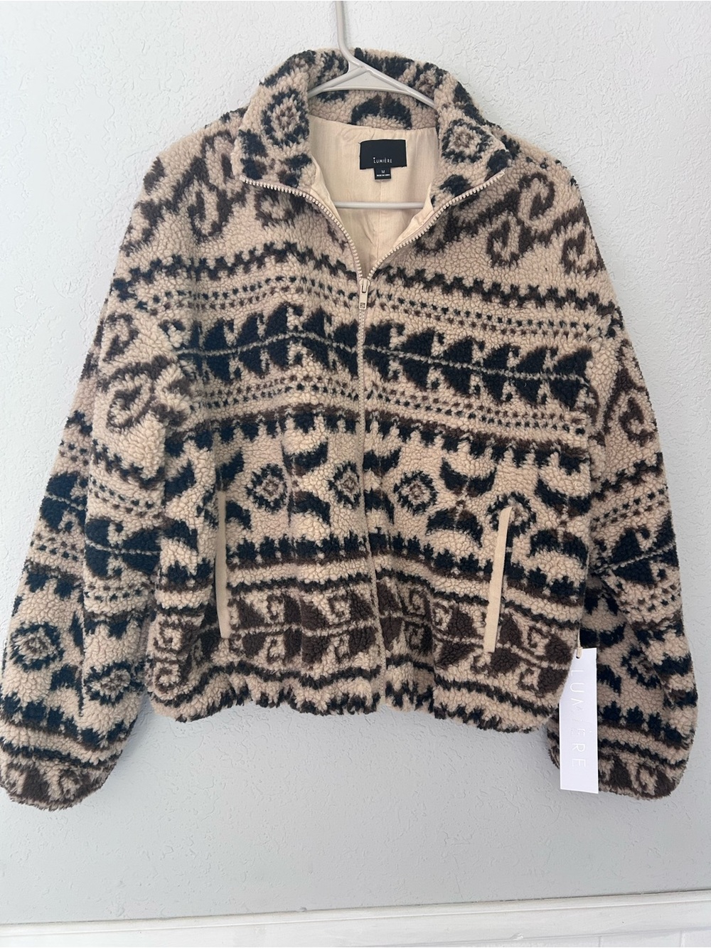 Lumiere Cream and Brown Patterned Sherpa Bomber Jacket